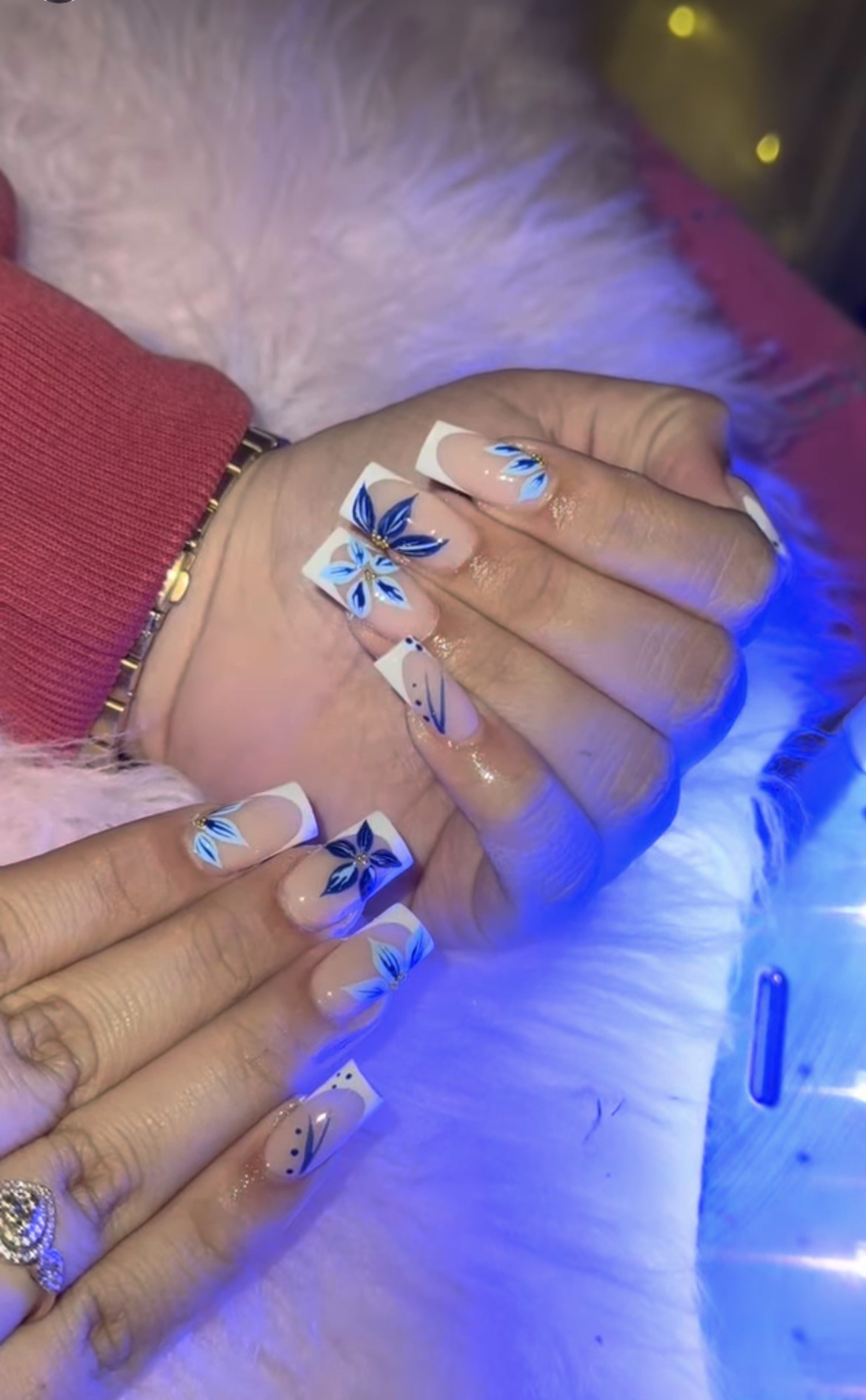 White coffin nails with hand-painted blue florals
