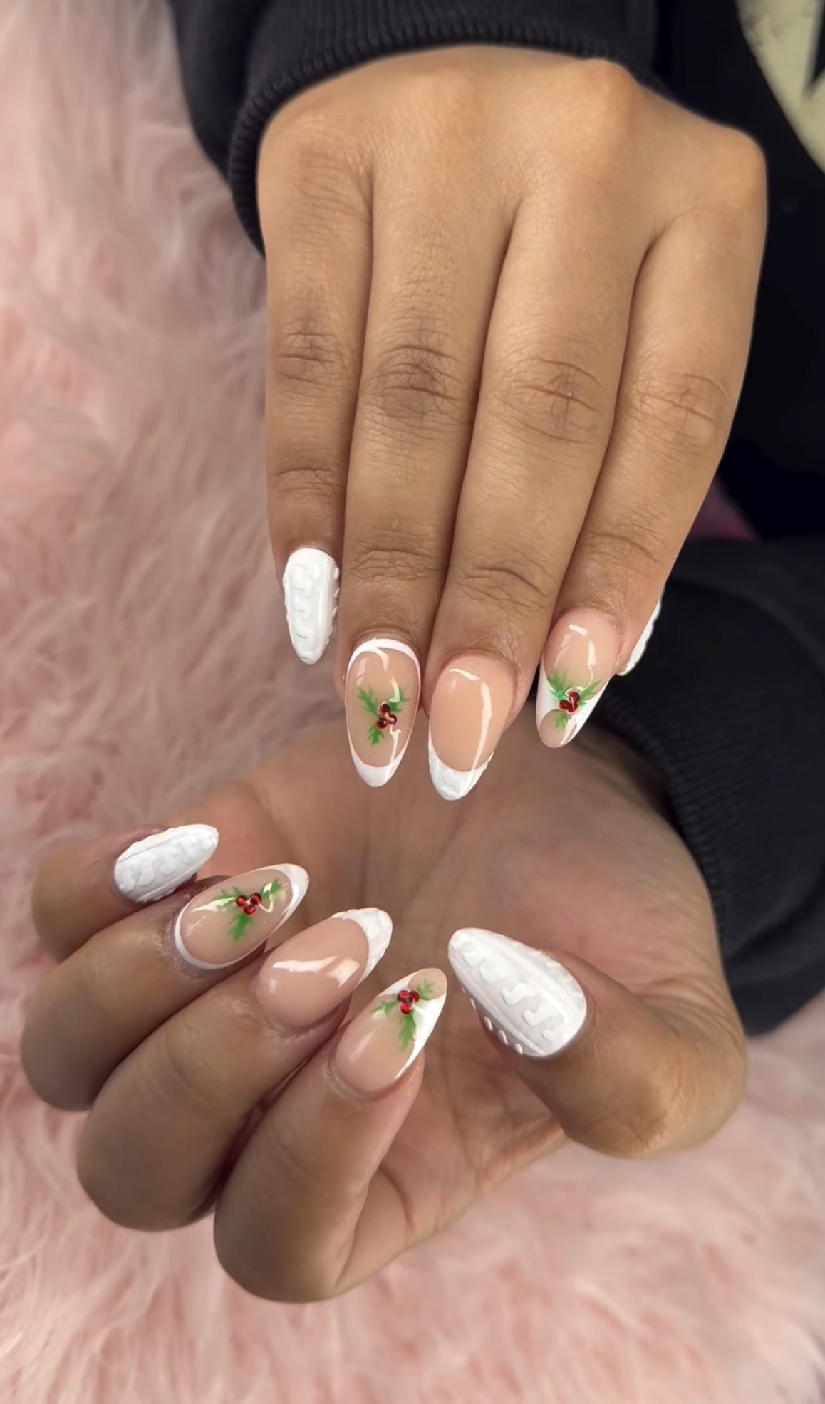 Christmas cable knit texture with holly berry accent nails