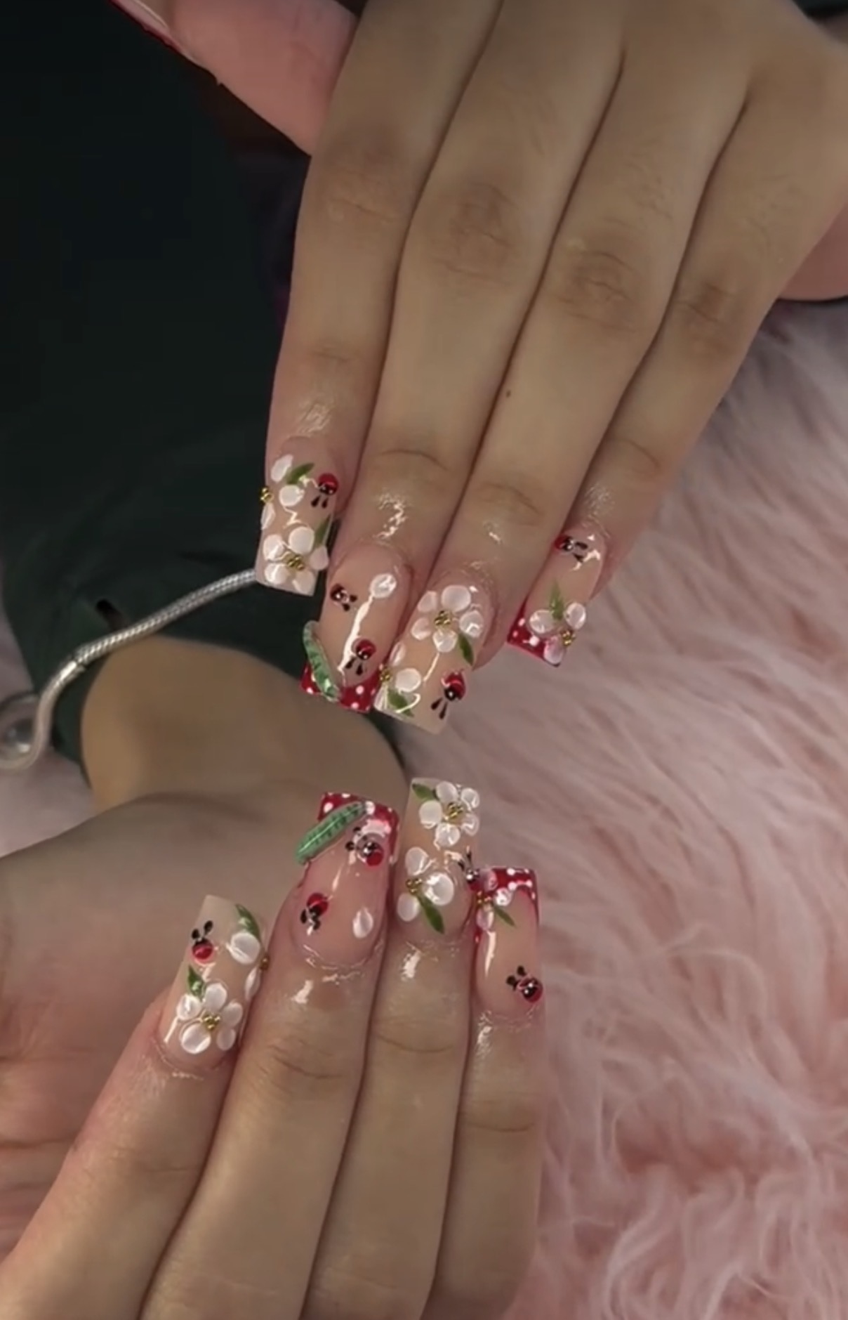 3D ladybug and floral encapsulation nails