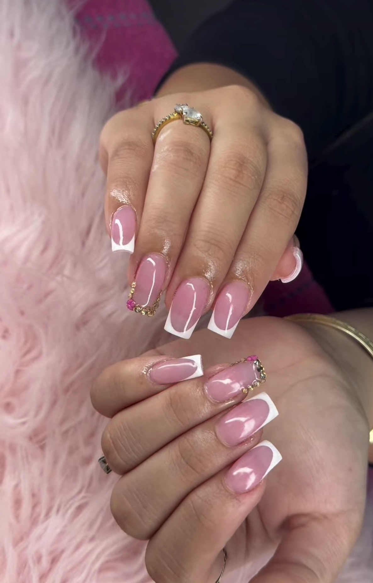 Pink coffin French tips with rhinestone chain